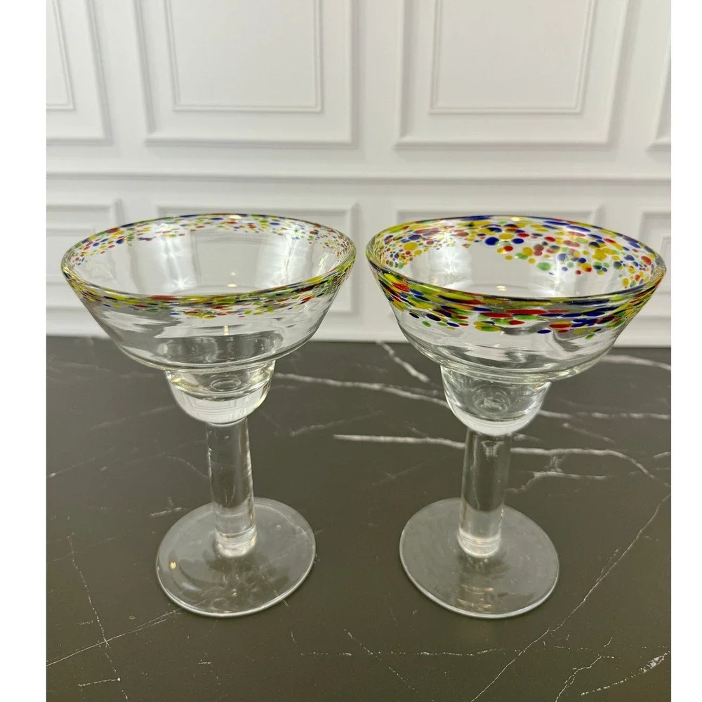 VTG PAIR (2) of Hand Blown Mexican Confetti Rim Margarita Glasses 7